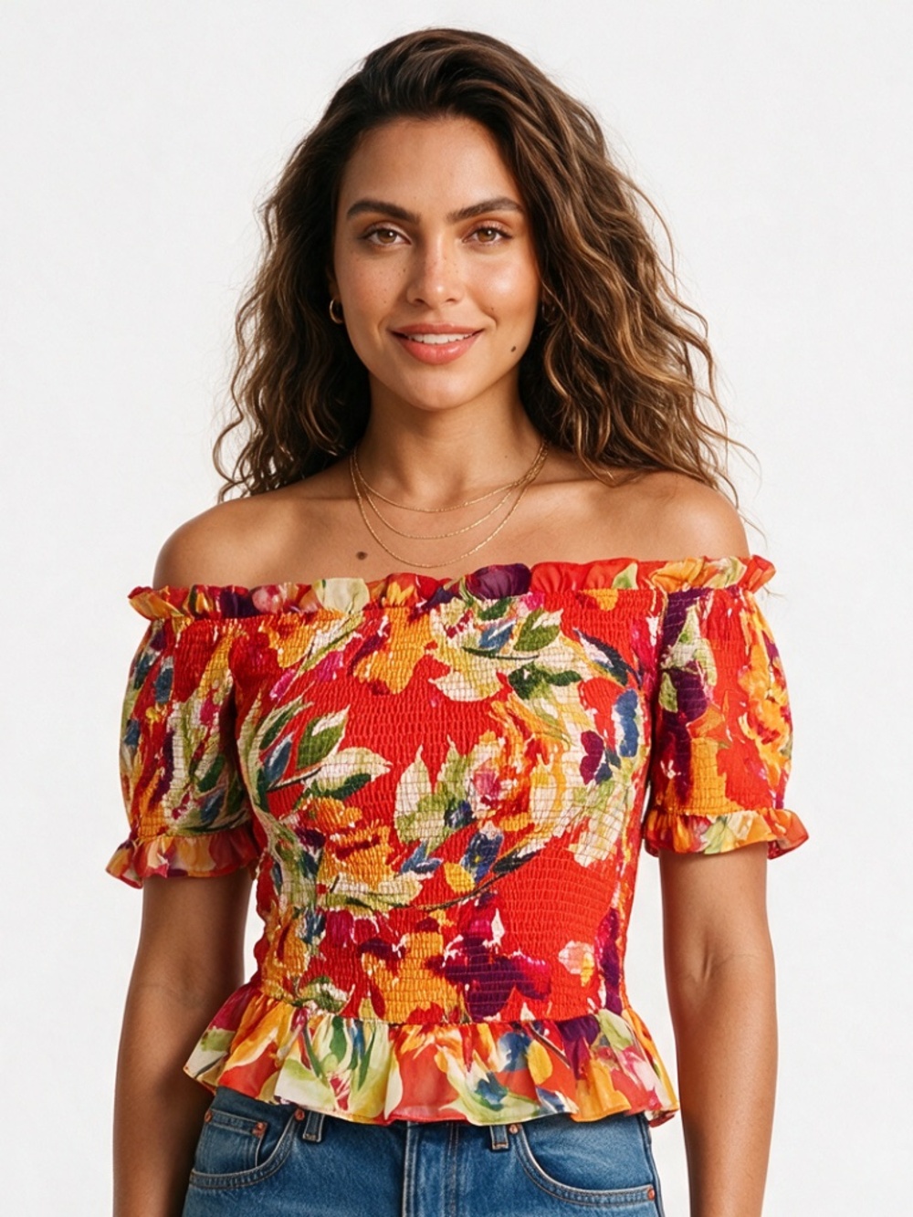 Marciano Off Shoulder Fitted Orange Multi Color Floral Blouse w/ Ruffles, XS
